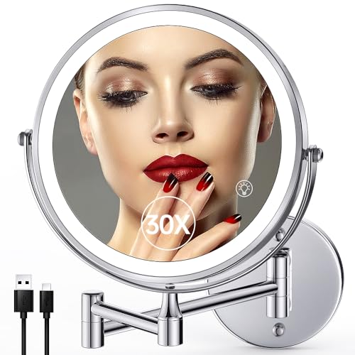 Chrome Wall Mounted Lighted Makeup Mirror Double Sided 1X/30X Magnification