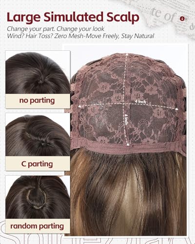 Dark Sandalwood Brown Wavy Wig with Bangs - 22 Inch Voluminous High Crown Synthetic Hair - Realistic Scalp, Adjustable Fit, Office & Casual Styles - Variation: Dark Sandalwood Brown