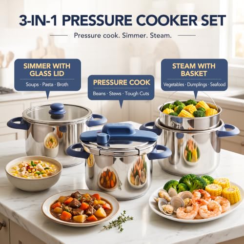 4.2 Quart Stainless Steel Stovetop Pressure Cooker Set - Safe & Durable
