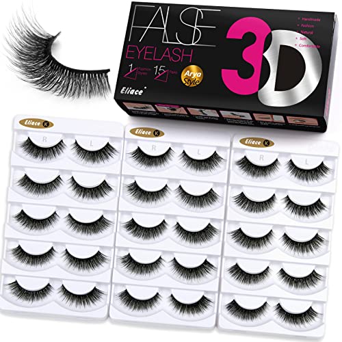 Eliace False Eyelashes Natural look Cat Eye Lashes Wispy Strips,15 Pairs 3D Mink Lashes Fake Eyelashes Volume Fluffy Thin Soft Band Comfortable Long Thick Dramatic Cross Eyelash Reusable, Arya Style