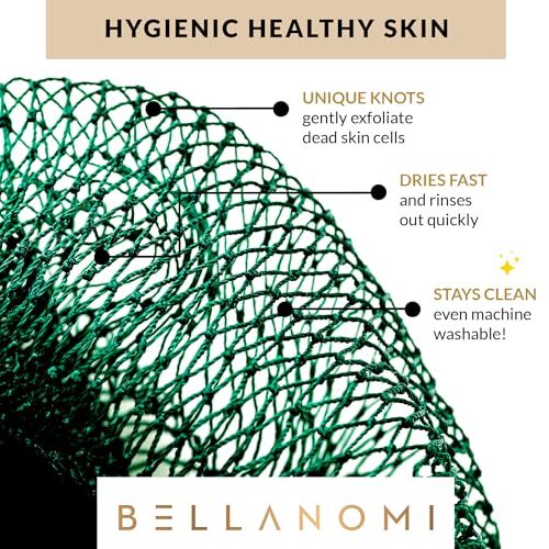 BELLANOMI 4 Piece African Exfoliating Net Sponge Long African Bath Sponge, Authentic Ethically Sourced from Nigeria, Great for Daily Use (Copper Brown, Orange, Green, Yellow)