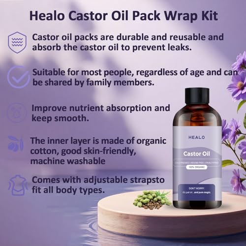 Healo Castor Oil Pack Wrap Castor Oil Pack Wrap Kit - 3.38 Oz with Reusable Wraps - For Stomach, Neck and Entire Body with Adjustable Elastic Straps (Pink 6PCS, 100ML)