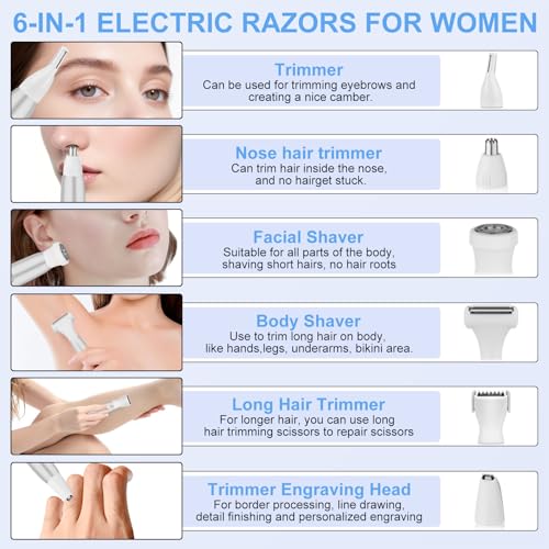 6 in 1 Bikini Trimmer and Shaver Kit for Women, Wet/Dry Electric Body Hair Trimmer Facial Hair Removal Cordless Waterproof Bikini Shaver Razor for Face Nose Eyebrow Arm Leg Pubic Armpit Bikini
