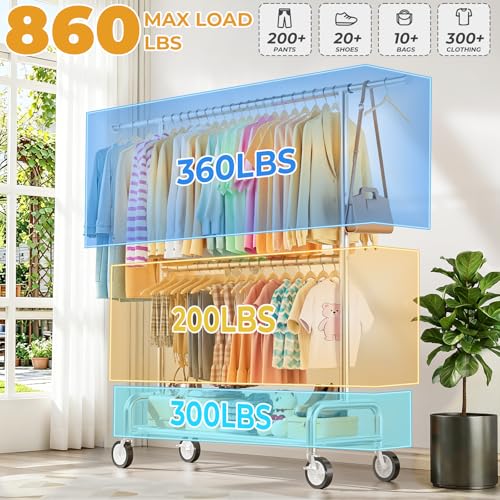 Heavy Duty Clothes Rack with Double Rods - Load 860 lbs, Portable & Adjustable, Silver - 15 x 63.4 x 74.8 in