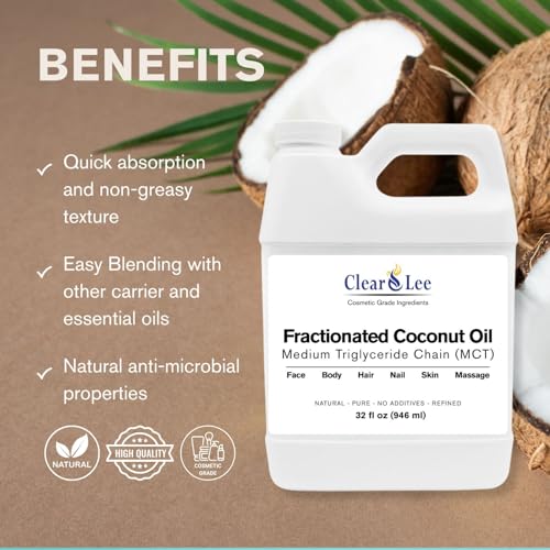 ClearLee Fractionated Coconut Oil MCT - Cosmetic Grade Natural & Pure Oil for Massage, Body, Hair, Skin, Face, Nail, Spa, Aromatherapy Carrier for Essential Oils, Soap Making, Serums & More (32 oz)