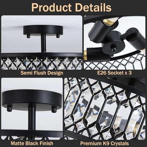 16-inch Black Crystal Ceiling Light with 3 E26 Sockets Modern Semi-Flush Mount Fixture for Living Room Bedroom Kitchen