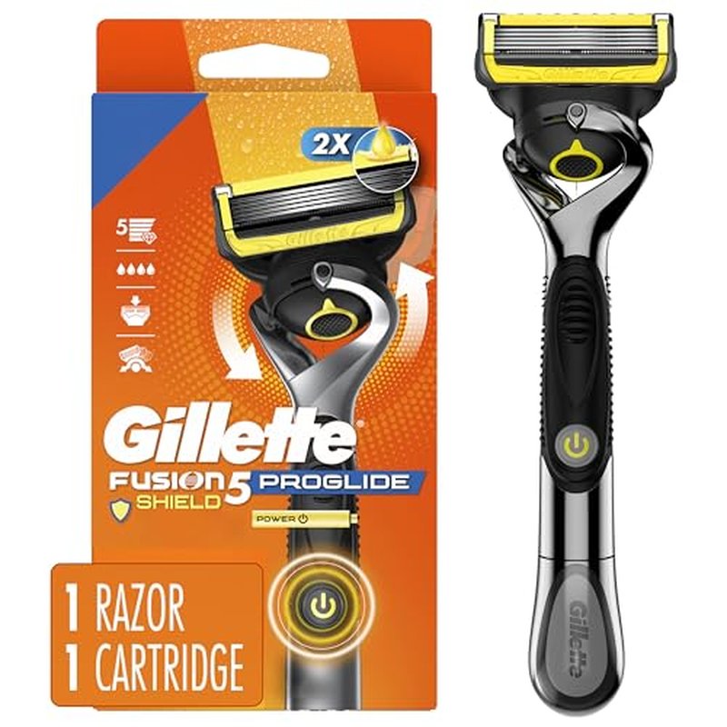 Gillette Fusion5 ProGlide Shield Shaving Razor for Men, 1 Power Razor Handle, 1 Refill, 2x Lubrication, Battery-Powered with FlexBall Handle and Precision Trimmer for Men