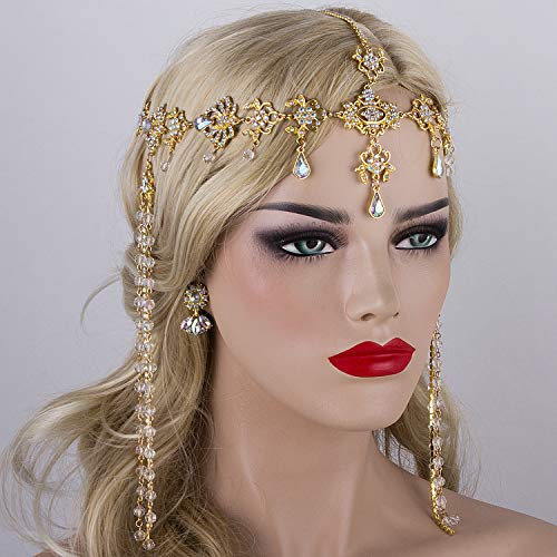 Gold Bridal Headband and Earrings Jewelry Set for Women - Crystal Wedding Hair Accessories - One Size