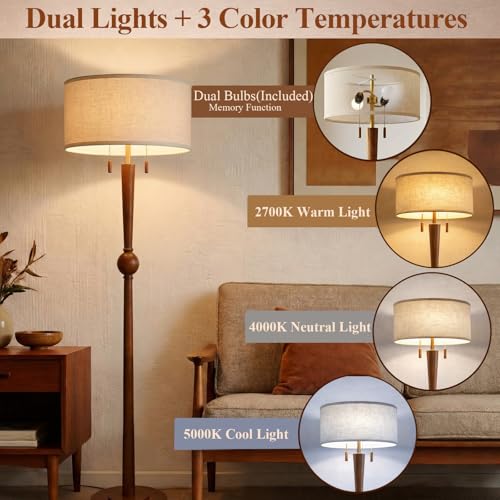 Solid Oak Wood Floor Lamp with Sphere Detail & Wooden Pull Chains - Amber Walnut