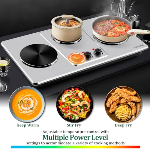 Silver Triple Burner Hot Plate - Countertop Electric Cooktop with 7" Cast Iron Surface