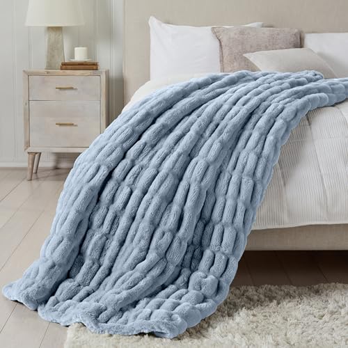 Powder Blue Micro Plush Throw Blanket - Thick Faux Fur, 50x60 Inches