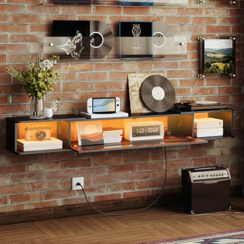 63 Inch Floating TV Stand with LED Light Wall Mount Power Outlet Black