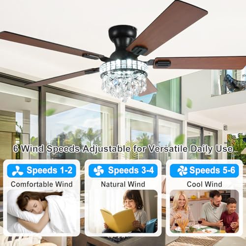 Black & Walnut 52-Inch Flush Mount Ceiling Fan with Light & Remote
