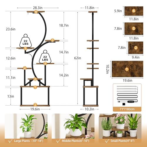 8-Tier Indoor Plant Stand with Grow Lights - Tall S-Shaped Corner Shelf - Brown - 62"