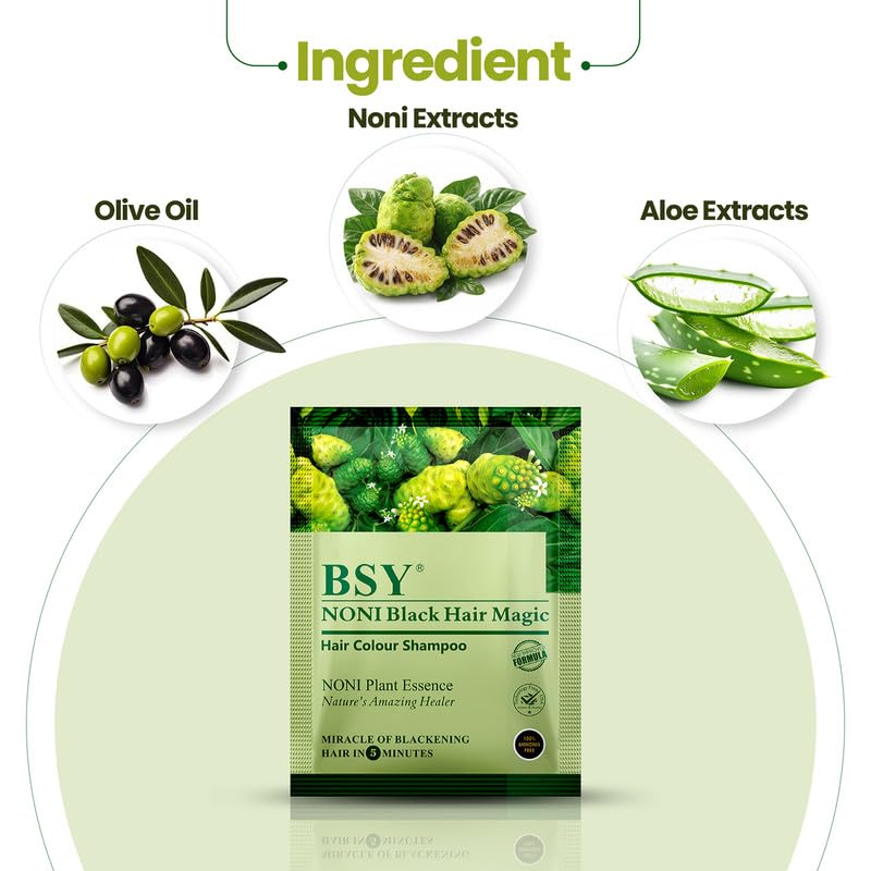 BSY Noni Black Hair Magic 20 Sachets - Instant Natural Black Hair Dye, Ammonia-Free, 5-Minute Hair Color for Men & Women