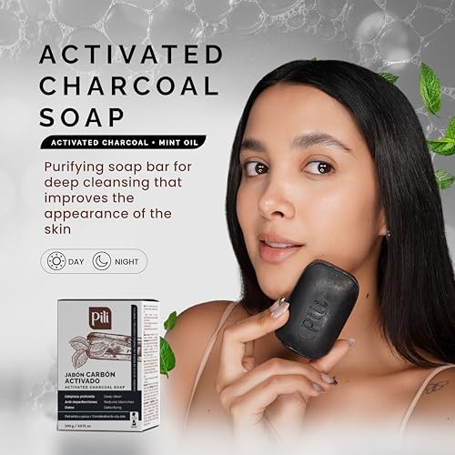 Pili Natural Activated Charcoal Soap Bars with Peppermint oil (3 Pack). Face and Body Natural Detoxifying Soap Bars. For Men, Women and Teens.