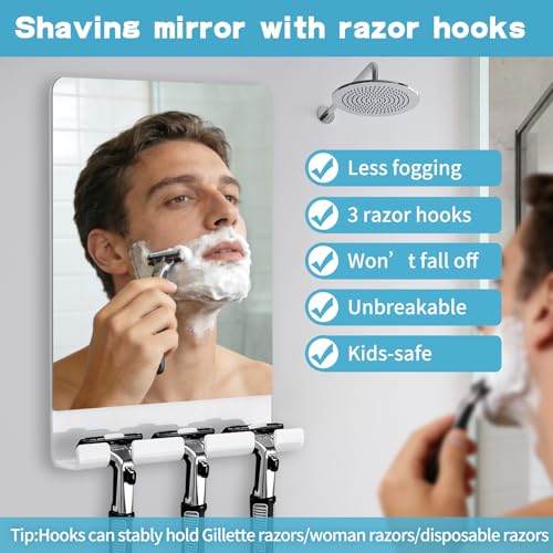 SANTOO Fogless Shower Mirror, Bathroom Shaving Anti-Fog Mirror with 3 Razor Holders - Strong Adhesive for Any Surface Without Falling, Shatterproof & Space-Saving (White)