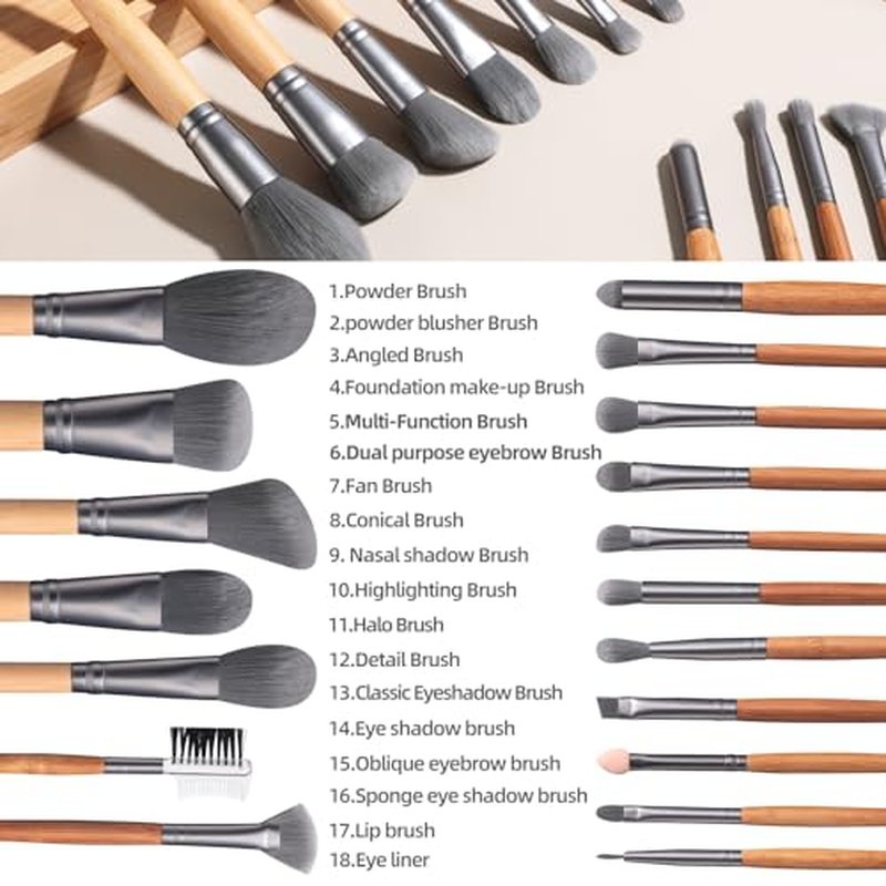 BS-MALL Makeup Brushes Bamboo with Mask Brush & Triangle Foundation Puff for Eyeshadow Contouring Primer Blending 20 PCS Makeup Tools Set