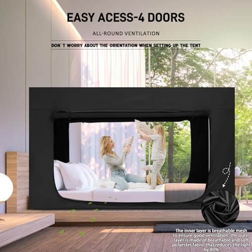 Black Full Bed Tent Canopy for Adults Kids Portable 80% Blackout Privacy with 4 Doors