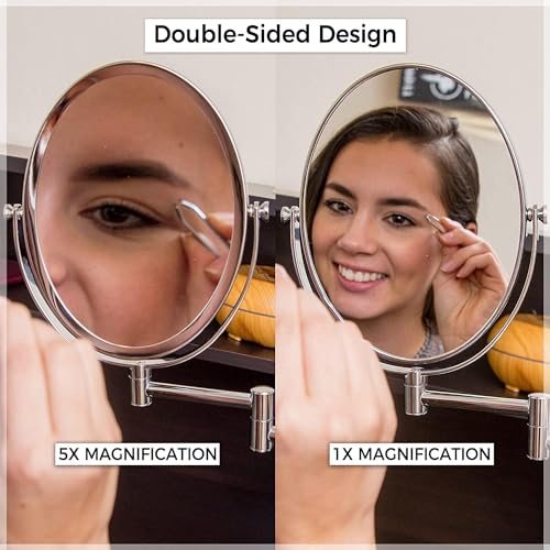 Wall Mounted Makeup Mirror with 5X Magnification, 6.6x8.6 Inch Oval Chrome
