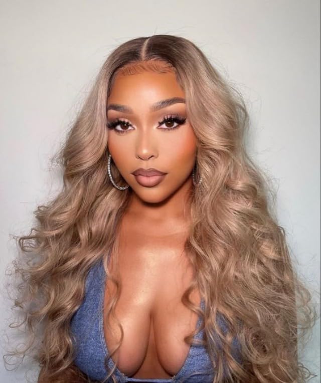 Pink Lace Front Wig for Women - Long Body Wave Ombre Khaki Pink, 26 Inches, Glueless Synthetic Hair
