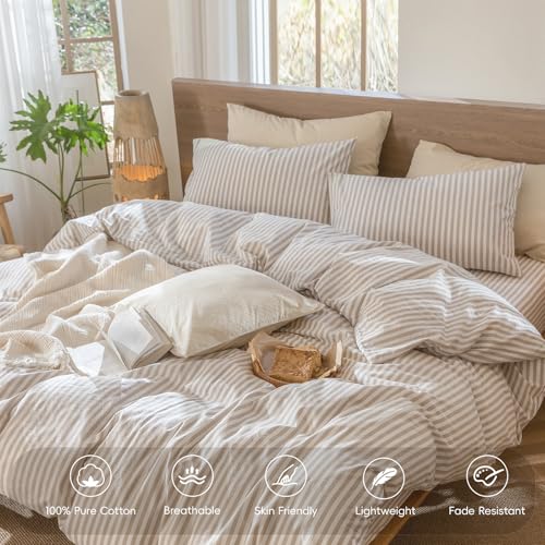 MooMee Classic Stripes Cal King Duvet Cover Set - Tannish Linen Grey White, 100% Washed Cotton
