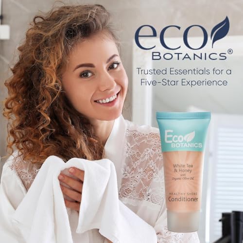 Eco Botanics Travel Size Hotel Conditioner 300 Count 0.85oz Bottles Guest Amenities for Vacation Rentals & Short Term Rentals Paraben Free White Tea Scent Infused with Aloe Honey and Olive Oil
