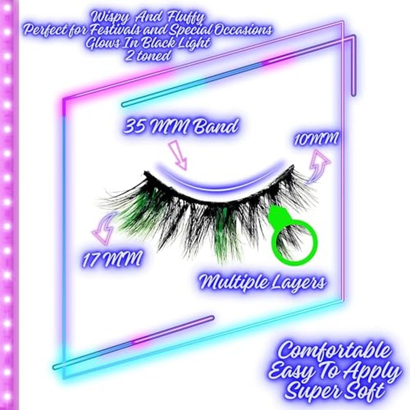 3D False Lashes With Color On End, Faux Mink Wispy Fluffy Two-Toned Colored Strip C Curl, Glow Party Festival Show Eyelashes, Look Like Extensions (Green Spark)