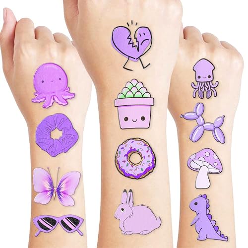 Cute Purple Temporary Tattoos Dark Purple Birthday Party Decorations Favors Supplies Violet Themed Cute Stickers 10 Sheets 100 PCS Gifts for Baby Girls Boys Decor Class School Carnival Christmas