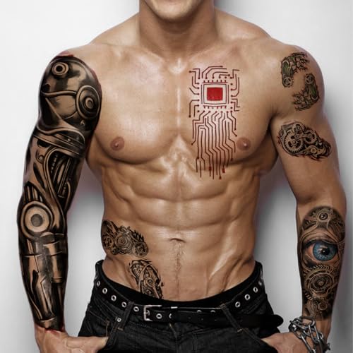 Yazhiji 48 Waterproof Temporary Tattoos For Adult, Mechanical Temporary Tattoos for Men Women, Half Arm Robot Fake Tattoos Sleeve, Realistic Mechanical Half Arm Tiny Tattoo Sticker