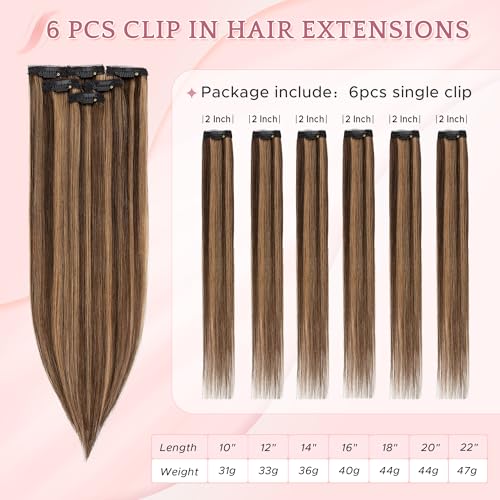 Single Clip In Hair Extensions - 22 Inch Real Human Hair Highlight Balayage Dark & Light Brown #2RP6