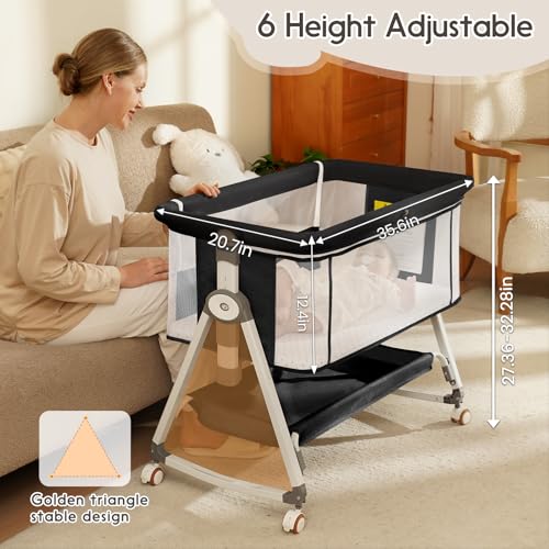 KOLOIO Black 3-in-1 Baby Bedside Bassinet, Portable Crib with Storage & Adjustable Height