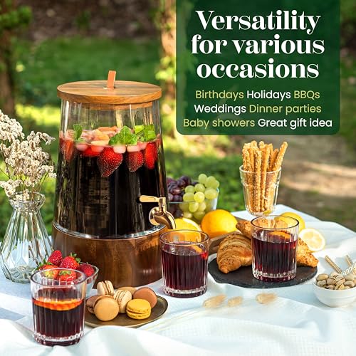 FOODLE 1 Gallon Glass Drink Dispenser with Spigot & Acacia Stand