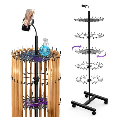 Braiding Hair Rack - Hair Racks for Braiders Standing With Tray and Wheels,140 Pegs Divider Stand & With Phone Holder Adjustable Rotation Hair Stand for Hair Stylist / Salon / Home User (Black)