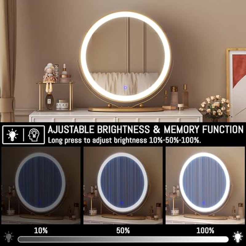 LVSOMT 20" Vanity Makeup Mirror with Lights, 3 Color Lighting Dimmable LED Mirror, Touch Control, 360¡ÆRotation, High-Definition Large Round Lighted Up Mirror for Bedroom Table Desk (Gold)