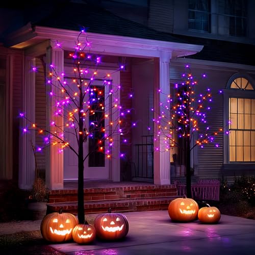 2 Pack 6FT Black Birch Halloween Tree with Purple & Orange LED Lights, Timer & Waterproof