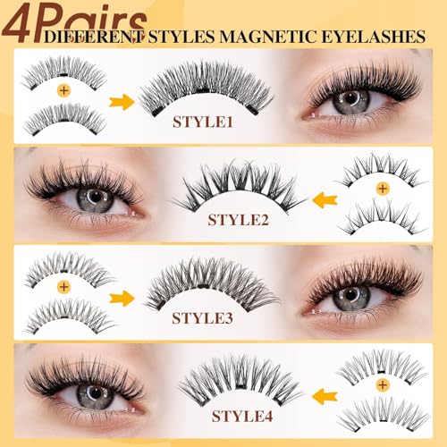 QUEWEL Magnetic Eyelashes 4 Pair Reusable Magnetic Eyelashes with Applicator No Glue Needed Eyelashes Natural Look Lash Clusters Kit Easy to Wear and Remove(4 Pairs-A05)