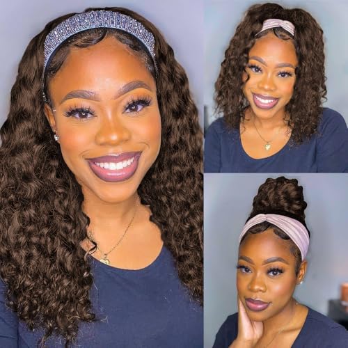 Deep Wave Headband Wig for Women - 12 Inch Chocolate Brown Curly Human Hair with Variation