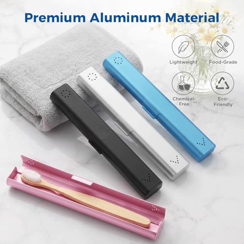 4 Pack Aluminum Travel Toothbrush Cases with Ventilation - Portable & Hygienic - Black, Silver, Pink, Blue