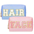 SEAMOON Pink Cosmetic Bags - 2 Pcs Corduroy Chenille Pink Letter Bag, Make Up Bag for Teens & Women, Ideal for Travel & Gifts