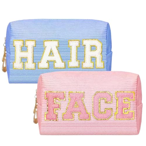 SEAMOON Pink Cosmetic Bags - 2 Pcs Corduroy Chenille Pink Letter Bag, Make Up Bag for Teens & Women, Ideal for Travel & Gifts