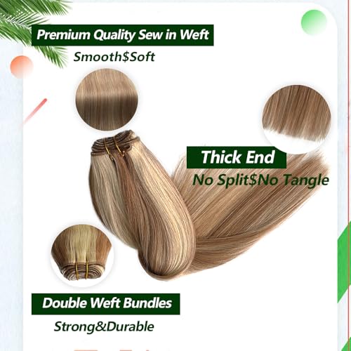 16 Inch Sew In Hair Extensions - Golden Brown & Blonde Highlights, Remy Human Hair Weft
