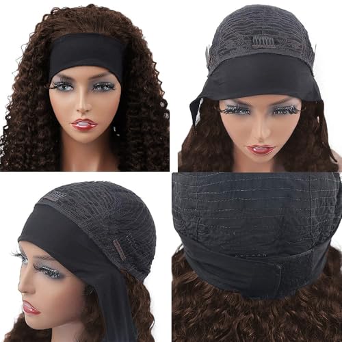 Chocolate Brown Human Hair Headband Wig 10 Inch Deep Wave Curly Wigs for Women - Unprocessed Brazilian Hair, Easy to Wear, Adjustable Fit