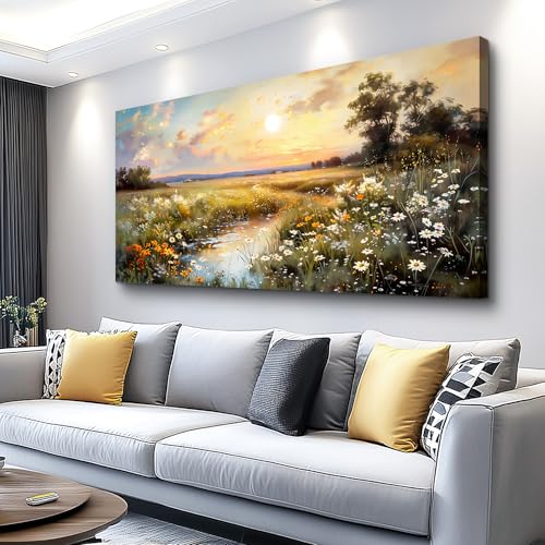 Vintage Farmhouse Wildflower Wall Art Canvas - 48 Inch Rural Scenery