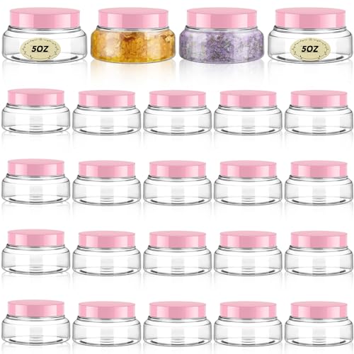 24 Pack 5 oz Clear Pink Plastic Cosmetic Jars with Lids & Labels - Reusable & Leakproof