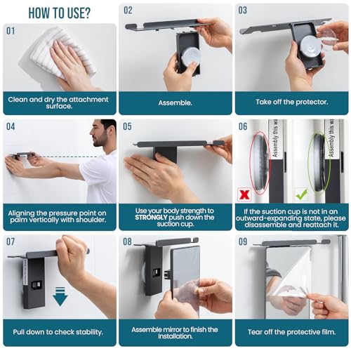 Fogless Shower Mirror with Suction Mount and Storage Rack - Grey, Rectangular, 10.1"L x 9.8"W