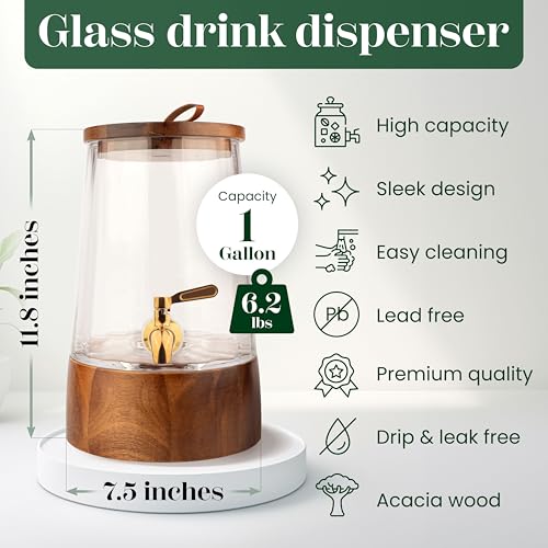 FOODLE 1 Gallon Glass Drink Dispenser with Spigot & Acacia Stand