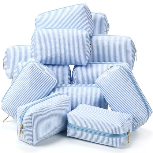 Light Blue Seersucker Cosmetic Bags Set - 12 pcs, Zippered & Striped