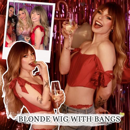Ombre Blonde Curly Wigs with Bangs - Long 26 Inch Synthetic Heat-Resistant Hair for Women