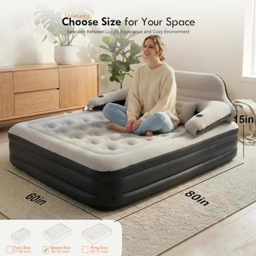 Queen Air Mattress with Headboard and Pump - Inflatable Bed with Pillows